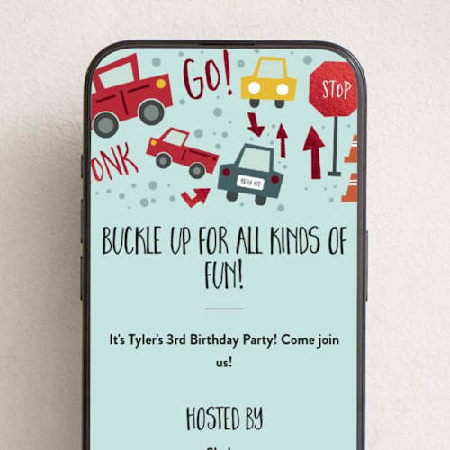 This is a aqua online birthday invitations by Amy Payne called shiny cars printing on digital paper in standard