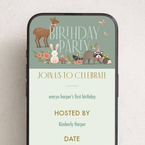 This is a sage online birthday invitations by Karidy Walker called woodland celebration printing on digital paper in standard