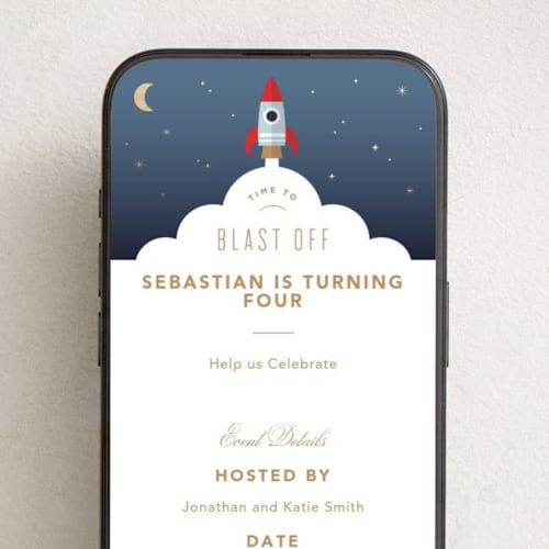 This is a sky online birthday invitations by Kristen Smith called blast off rocket printing on digital paper in standard