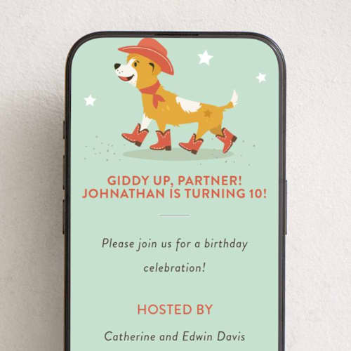 This is a turquoise online birthday invitations by Tennie and Co. called giddy up! printing on digital paper in standard