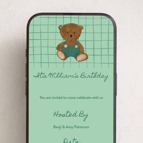 This is a emerald online birthday invitations by Inkblot Design called ted the bear printing on digital paper in standard