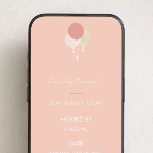 This is a blush online birthday invitations by Angela Thompson called glitter balloons printing on digital paper in standard
