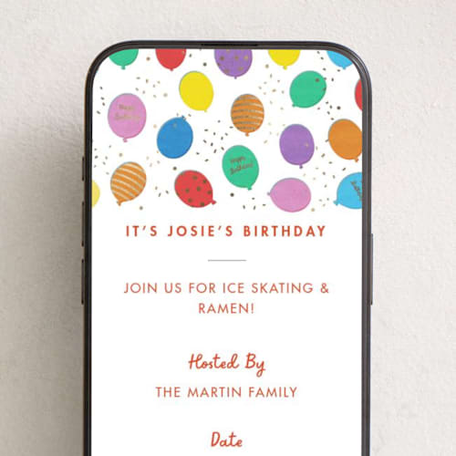 This is a cloud online birthday invitations by Becky Nimoy called floating balloons printing on digital paper in standard