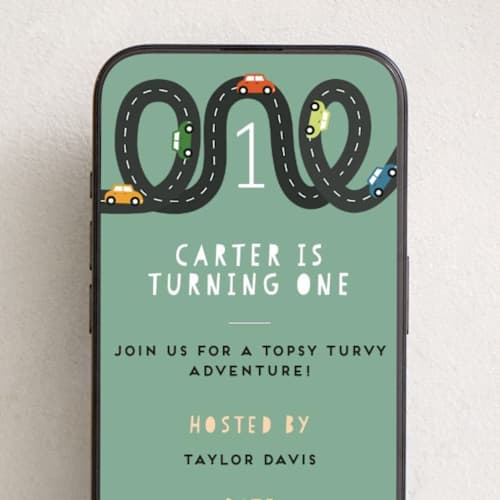 This is a grass online birthday invitations by Jennifer Lew called little racer printing on digital paper in standard