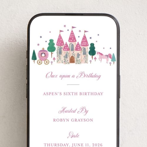 This is a strawberry online birthday invitations by Sarah Knight called once upon a birthday printing on digital paper in standard