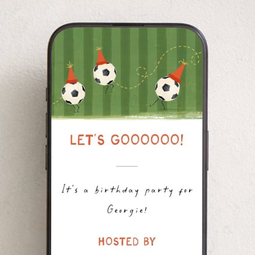 This is a safety orange online birthday invitations by Kamala Nahas called soccer birthday printing on digital paper in standard