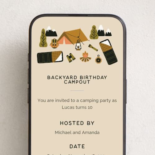 This is a mustard online birthday invitations by Ester Bernaldo de Quiros called backyard campout printing on digital paper in standard
