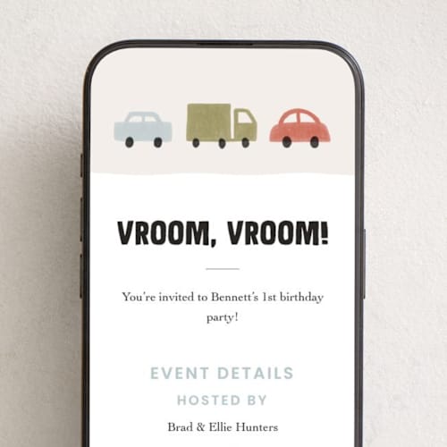 This is a primary online birthday invitations by taylorVdesign called vroom vroom printing on digital paper in standard