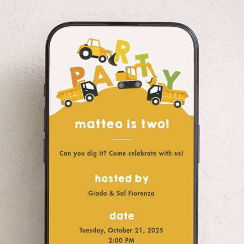 This is a construction yellow online birthday invitations by Snow and Ivy called dig it printing on digital paper in standard