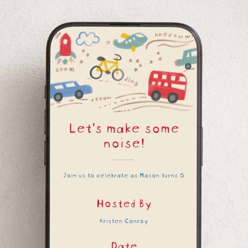 This is a fire engine online birthday invitations by Creo Study called make some noise printing on digital paper in standard