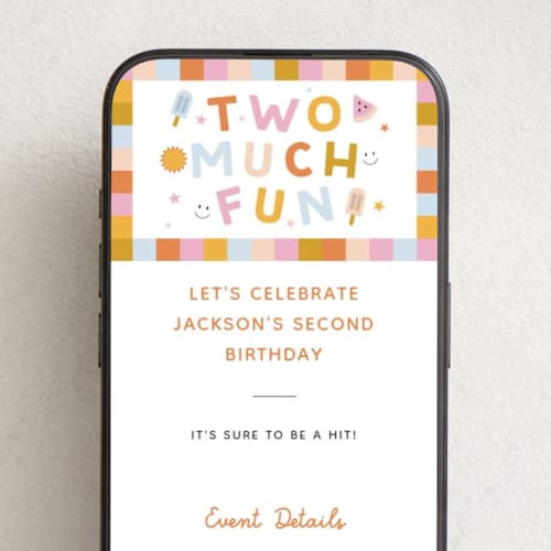 This is a gumdrop online birthday invitations by Carmia Jordaan called two much fun printing on digital paper in standard