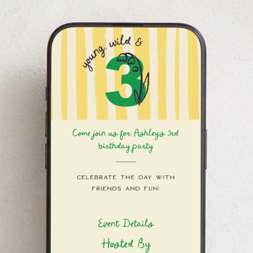 This is a buttercup online birthday invitations by Jenna Holcomb called wild and three printing on digital paper in standard