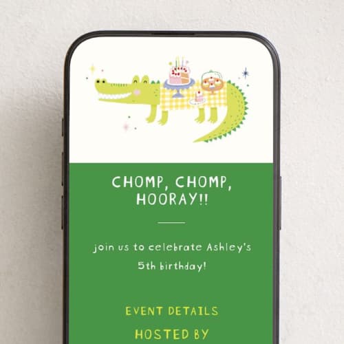 This is a keylime online birthday invitations by Oh Doodle Doo called chomp, chomp, hooray! printing on digital paper in standard