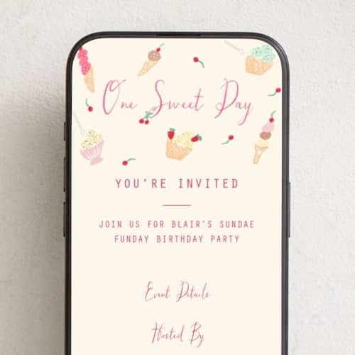 This is a strawberry online birthday invitations by Sarah Rosenthal called one sweet day printing on digital paper in standard