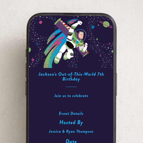 This is a grape online birthday invitations by Katie Zimpel called disney and pixar birthday buzz printing on digital paper in standard