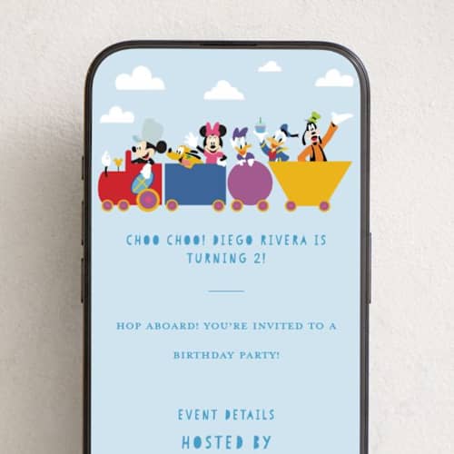This is a sky online birthday invitations by Madhvi Samimi called disney mickey & friends birthday train printing on digital paper in standard