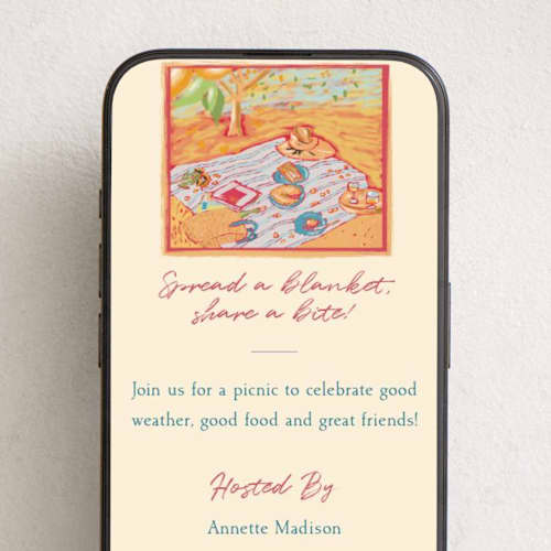 This is a cardinal online invitations by Sarah Rosenthal called spread a blanket, share a bite! printing on digital paper in standard