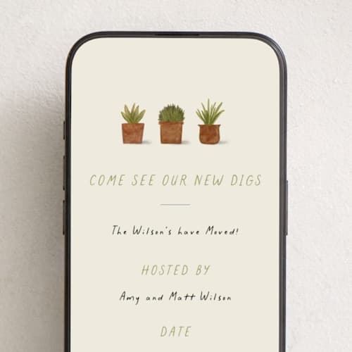 This is a succulent online invitations by Sarah Hawkins Designs called new digs printing on digital paper in standard