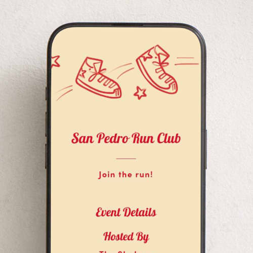 This is a cream online invitations by Becky Nimoy called run club shoes printing on digital paper in standard