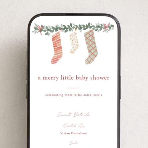 This is a cranberry online invitations by Rebecca Durflinger called merry little stockings printing on digital paper in standard