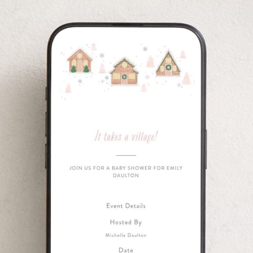 This is a blush online invitations by Itsy Belle Studio called gingerbread village printing on digital paper in standard