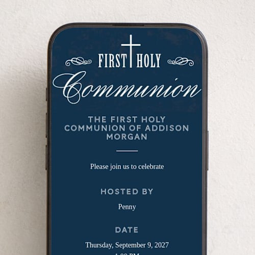 This is a navy online invitations by Beth Schneider called stately cross printing on digital paper in standard