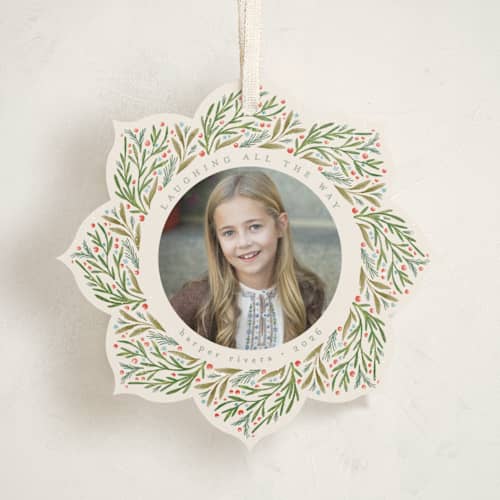 This is a pudding holiday card ornaments with standard by Anastasia Makarova called gentle greenery printing on recycled smooth signature in ornament