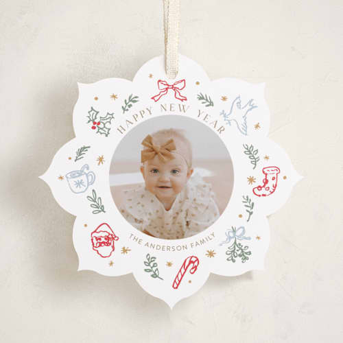 This is a champagne holiday card ornaments with standard by Cass Loh called festive doodles printing on recycled smooth signature in ornament