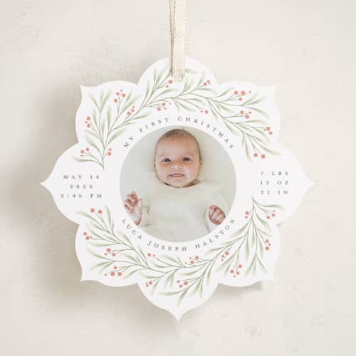 This is a holly berry holiday card ornaments with standard by Randi Cirelli called merry & new printing on recycled smooth signature in ornament