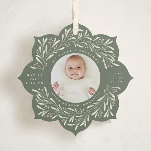 This is a wreath holiday card ornaments with standard by Randi Cirelli called merry & new printing on recycled smooth signature in ornament