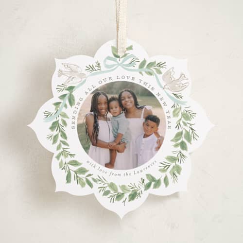 This is a wintermint holiday card ornaments with standard by Everett Paper Goods called wreath of doves printing on recycled smooth signature in ornament