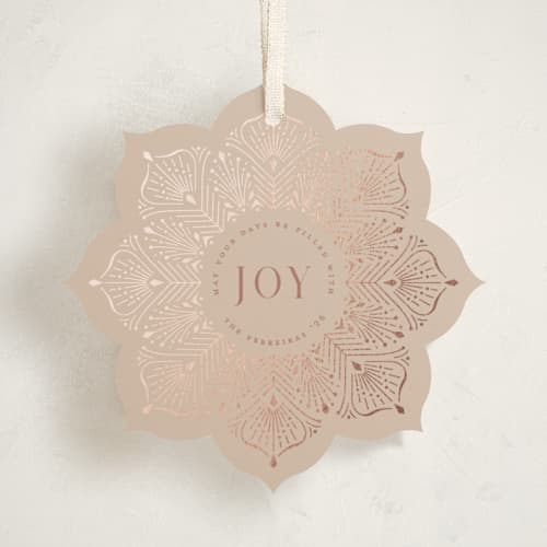 This is a winter rose holiday card ornaments with foil pressed by Ana de Sousa called poinsettia ornament printing on signature in ornament