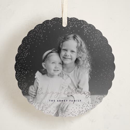 This is a eggplant holiday card ornaments with foil pressed by Sara Hicks Malone called snowdrift printing on recycled smooth signature in ornament