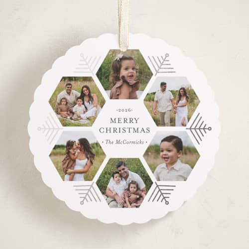 This is a wintermint holiday card ornaments with foil pressed by Beth Schneider called hexagon holiday printing on recycled smooth signature in ornament