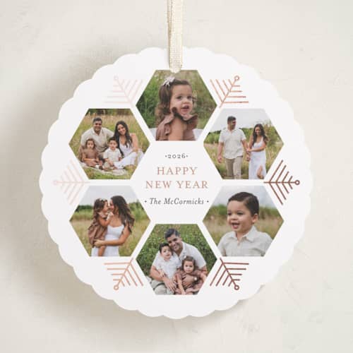 This is a chestnut holiday card ornaments with foil pressed by Beth Schneider called hexagon holiday printing on recycled smooth signature in ornament