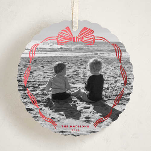 This is a santa suit holiday card ornaments with foil pressed by Pink House Press called bow frame printing on recycled smooth signature in ornament