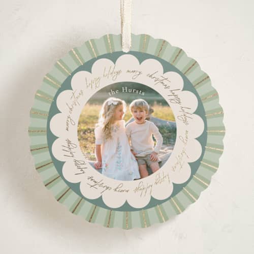 This is a evergreen holiday card ornaments with foil pressed by Kelly Williams called scalloped circle printing on recycled smooth signature in ornament