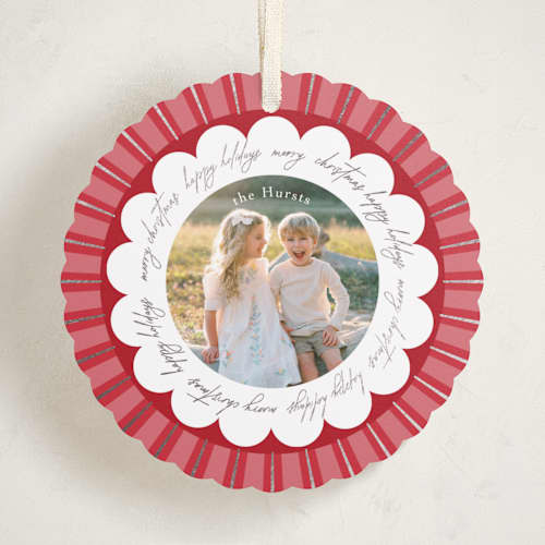 This is a cherry holiday card ornaments with foil pressed by Kelly Williams called scalloped circle printing on recycled smooth signature in ornament