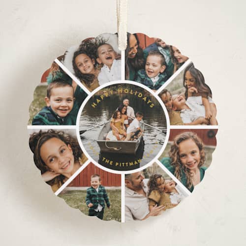 This is a goldenrod holiday card ornaments with standard by Lori James called family circle holiday printing on recycled smooth signature in ornament