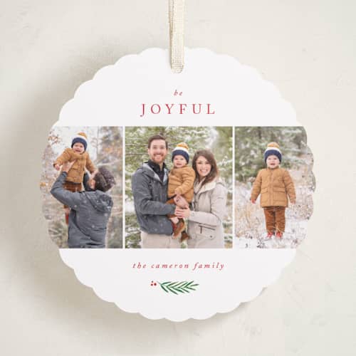 This is a berry holiday card ornaments with standard by Kelly Schmidt called be joyful printing on recycled smooth signature in ornament