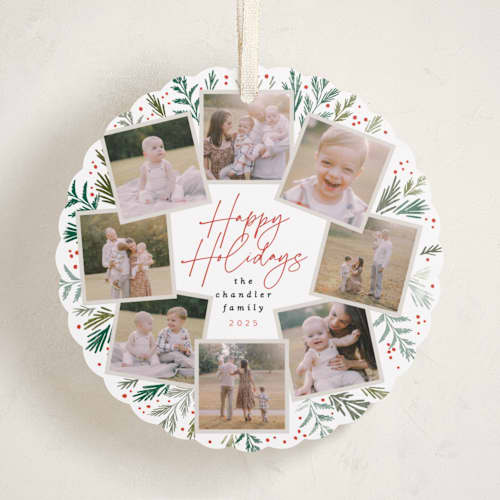 This is a snowfall holiday card ornaments with standard by Alethea and Ruth called pine wreath printing on recycled smooth signature in ornament