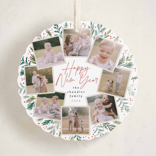 This is a snowfall holiday card ornaments with standard by Alethea and Ruth called pine wreath printing on recycled smooth signature in ornament