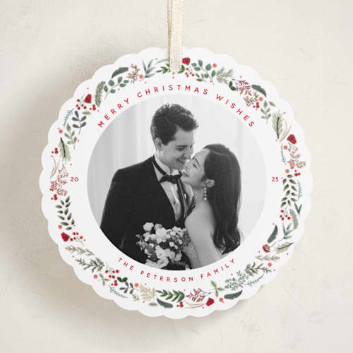 This is a crimson holiday card ornaments with standard by Susan Moyal called petite botanicals printing on recycled smooth signature in ornament
