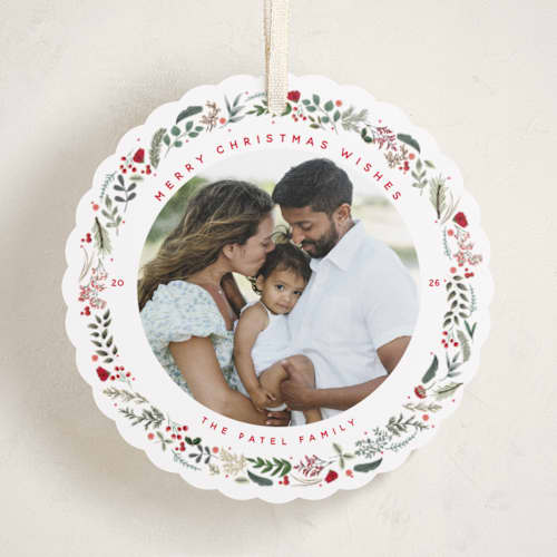 This is a crimson holiday card ornaments with standard by Susan Moyal called petite botanicals printing on recycled smooth signature in ornament