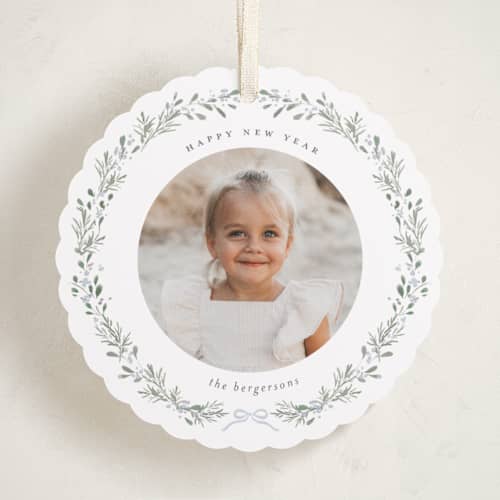 This is a frost holiday card ornaments with standard by Itsy Belle Studio called evergreen wreath printing on recycled smooth signature in ornament