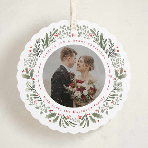 This is a holly berry holiday card ornaments with standard by Mansi Verma called ornament wreathe printing on recycled smooth signature in ornament