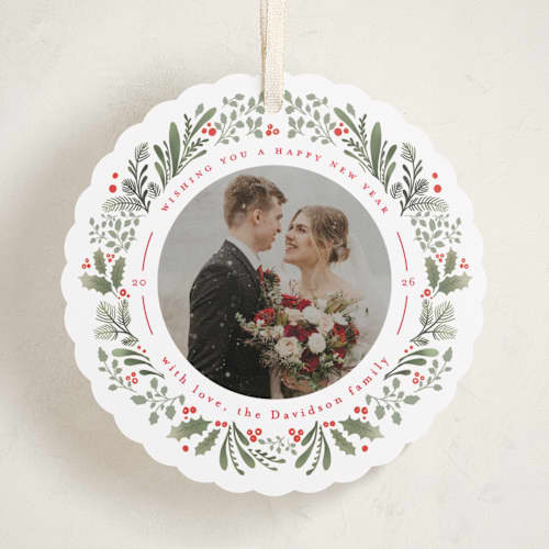 This is a holly berry holiday card ornaments with standard by Mansi Verma called ornament wreathe printing on recycled smooth signature in ornament