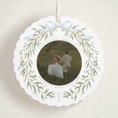 This is a frost holiday card ornaments with standard by Susan Zinader called first christmas wreath printing on recycled smooth signature in ornament