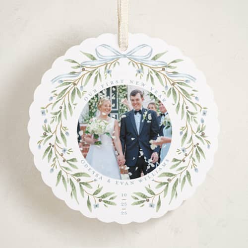 This is a frost holiday card ornaments with standard by Susan Zinader called first christmas wreath printing on recycled smooth signature in ornament