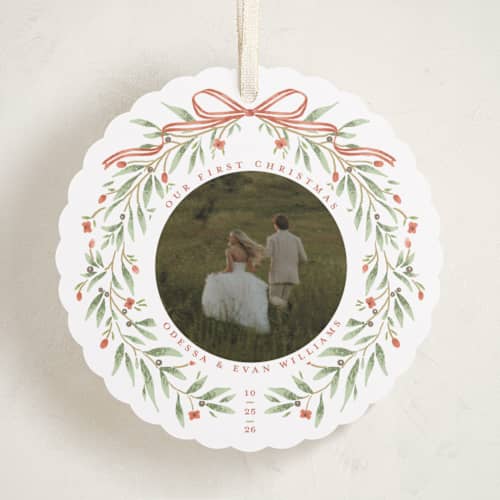 This is a cider holiday card ornaments with standard by Susan Zinader called first christmas wreath printing on recycled smooth signature in ornament